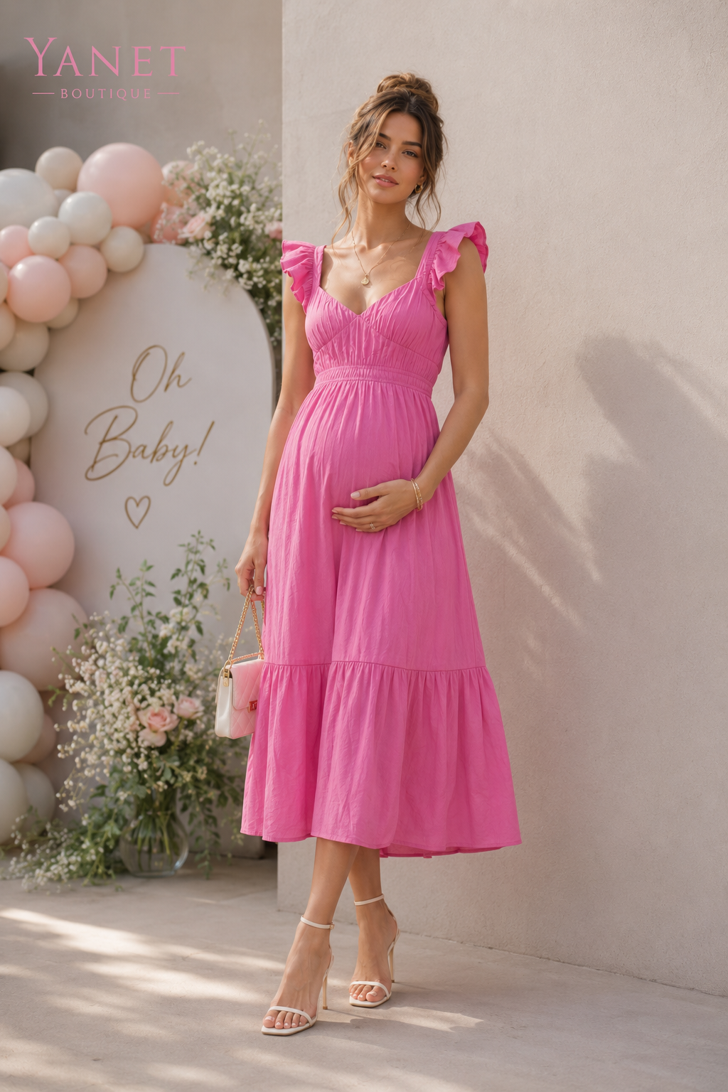 Pink Flutter Sleeve Maxi Dress with Ruffled Hem