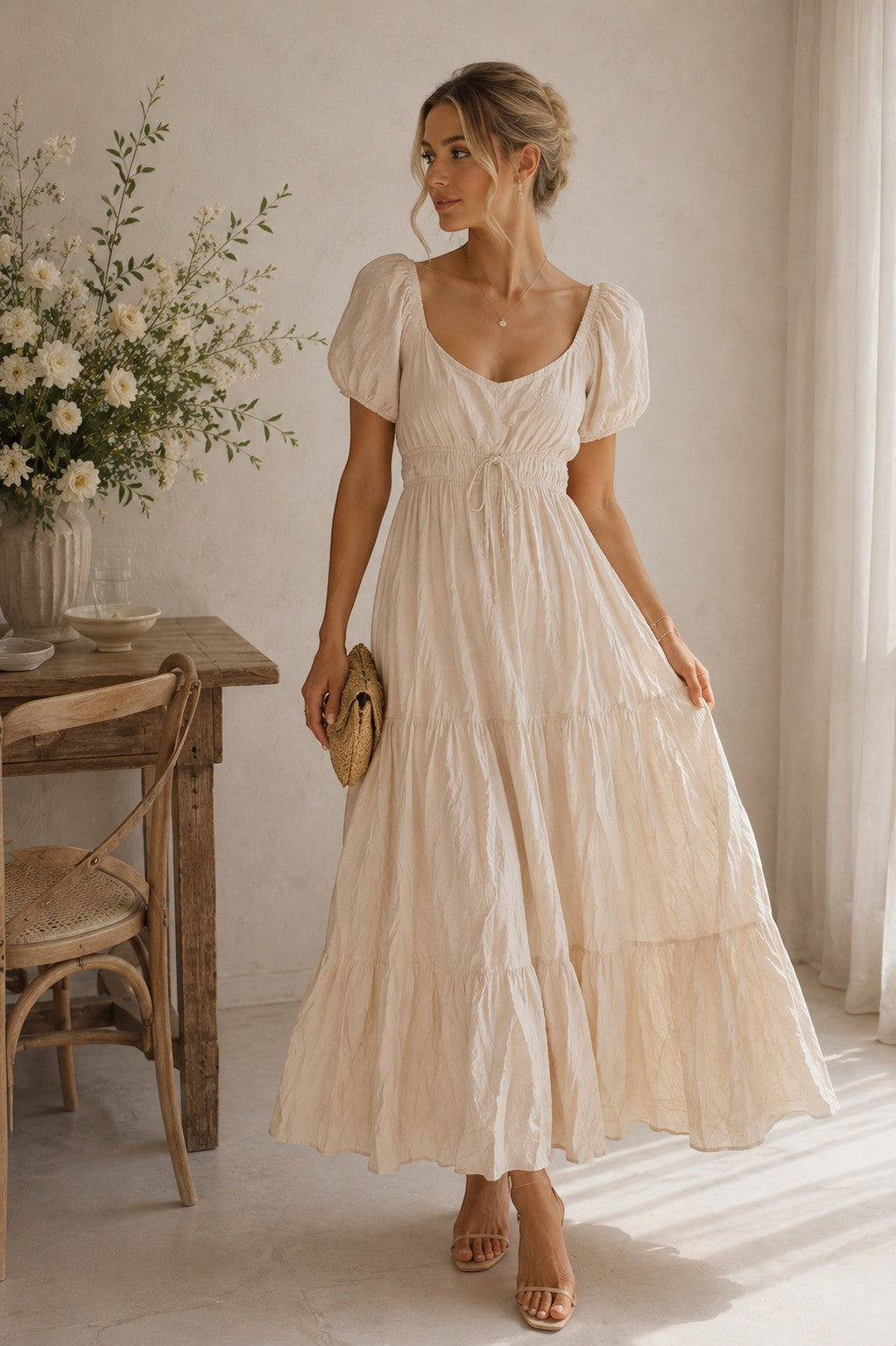 Cream Puff Sleeve Maxi Dress with Tiered Skirt