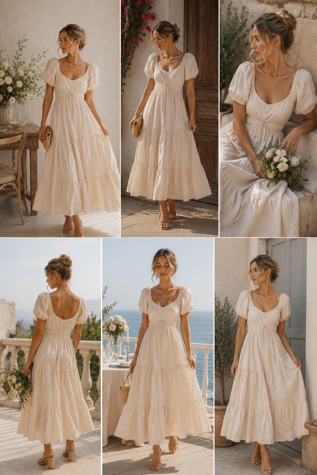 Cream Puff Sleeve Maxi Dress with Tiered Skirt