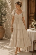 Cream Puff Sleeve Maxi Dress with Tiered Skirt