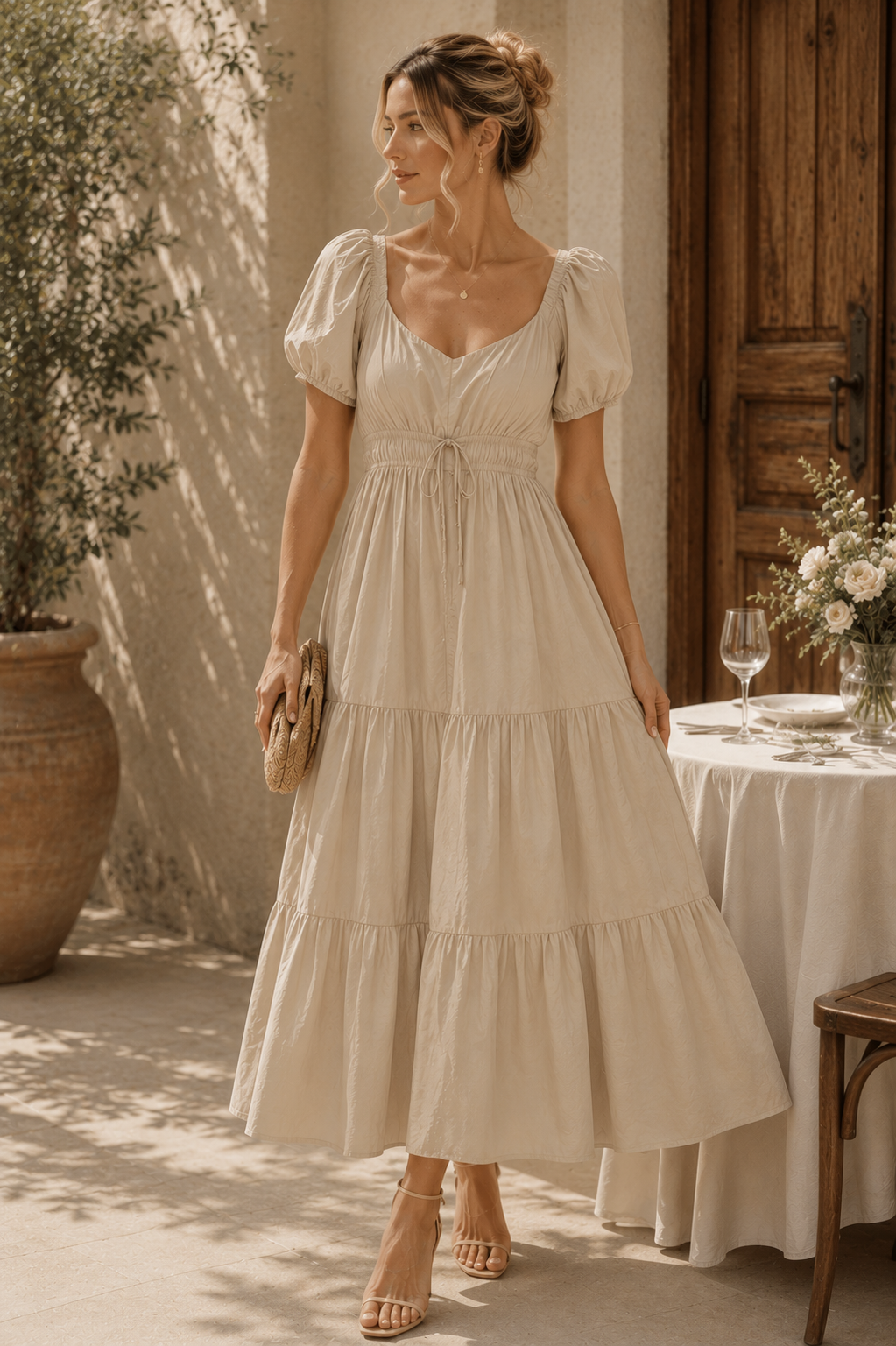 Cream Puff Sleeve Maxi Dress with Tiered Skirt