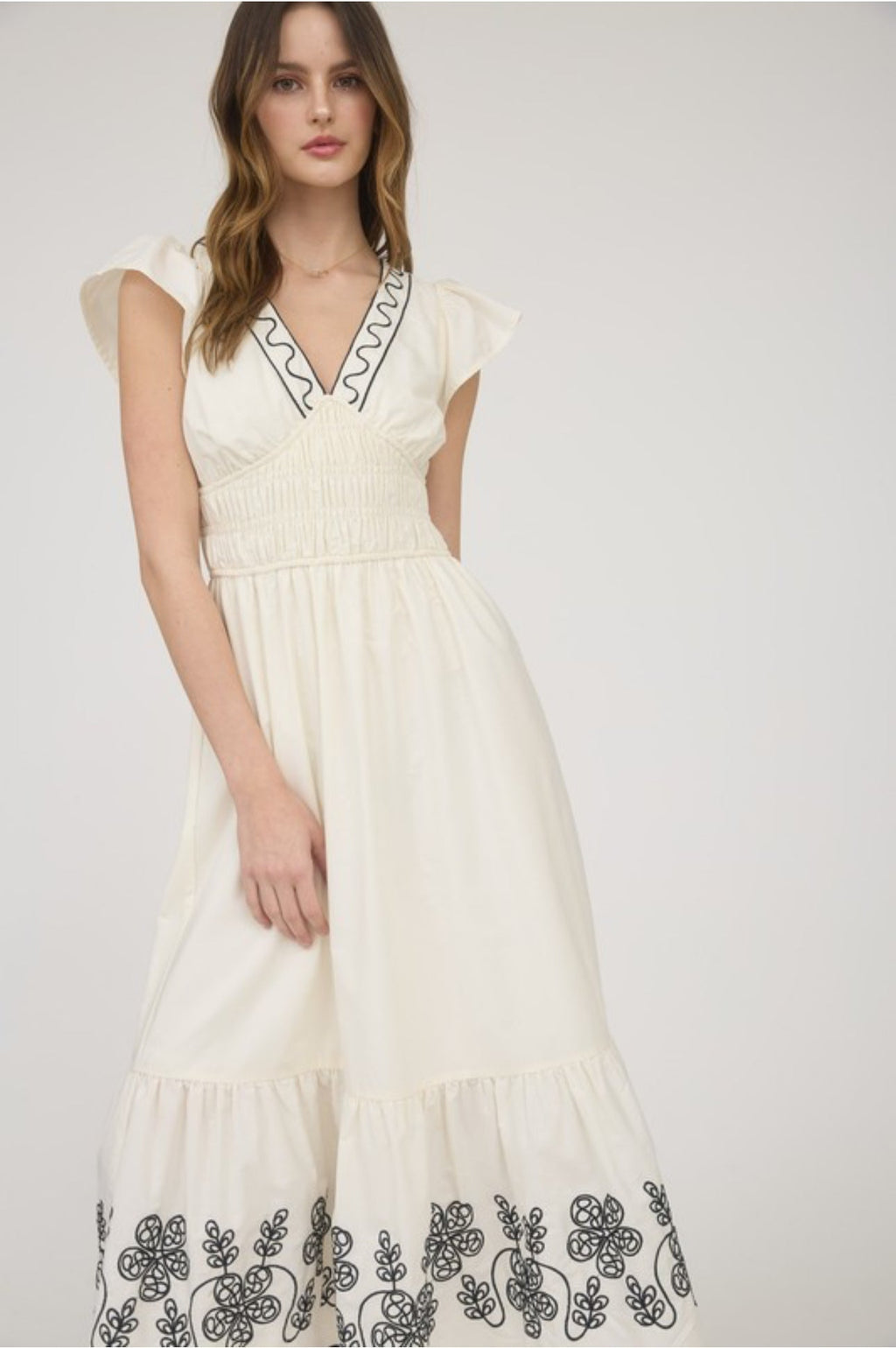 Cream Flutter Sleeve V-Neck Maxi Dress with Embroidery