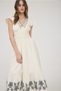 Cream Flutter Sleeve V-Neck Maxi Dress with Embroidery