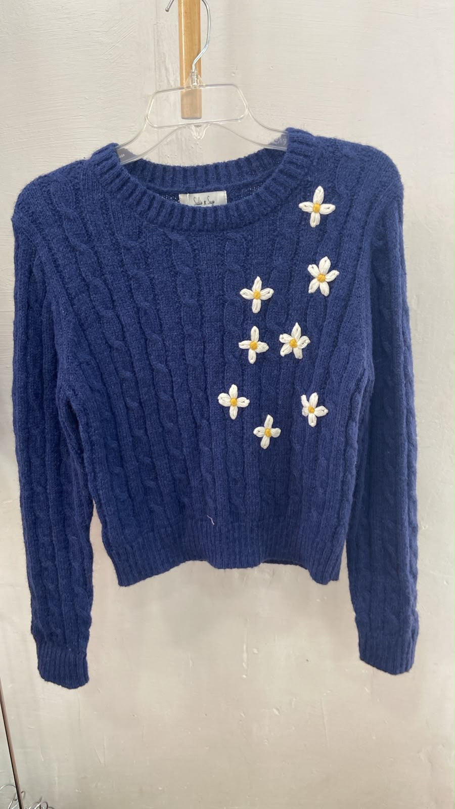 Navy Cable Knit Sweater with Floral Appliqué