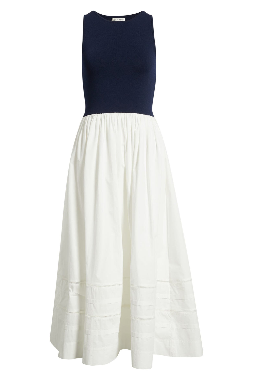 Navy Sleeveless A-Line Midi Dress with Pleated Skirt