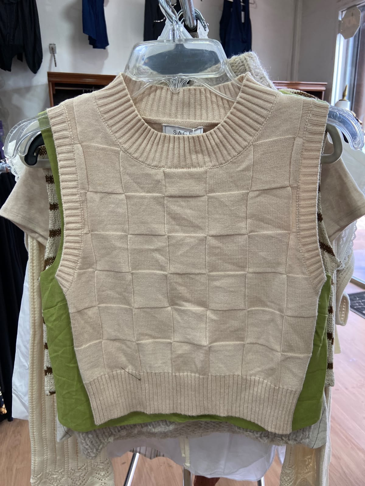 Beige Knit Sleeveless Crop Top with Green Detail
