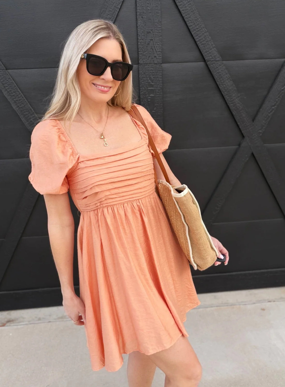 Peach Puff Sleeve Square Neck Dress with Ruffles