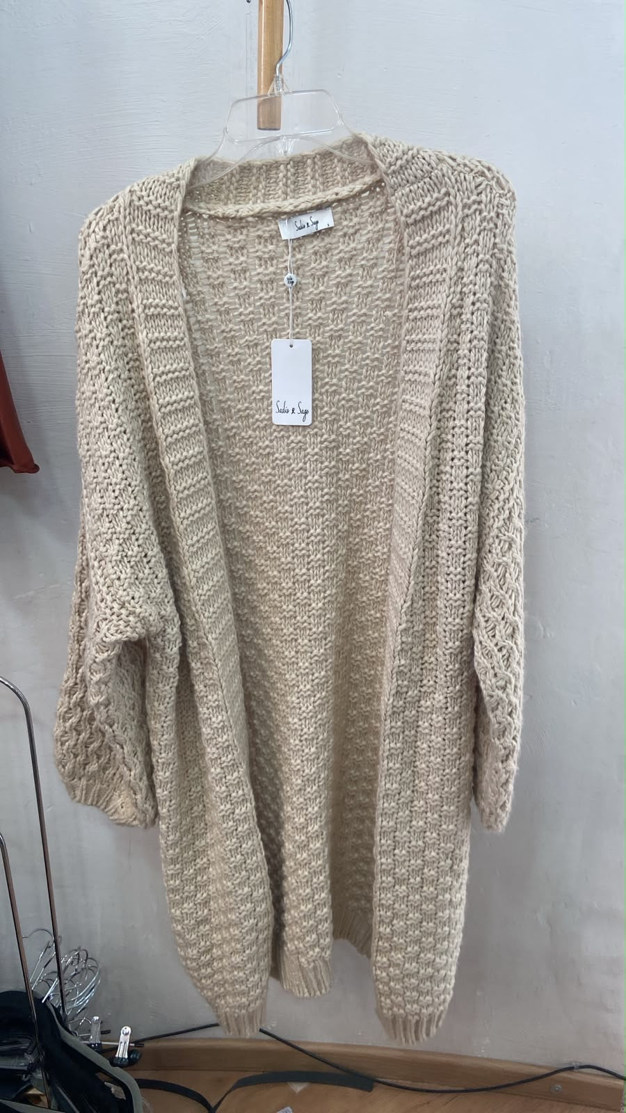 Beige Open-Knit Long Sleeve Cardigan with Textured Weave