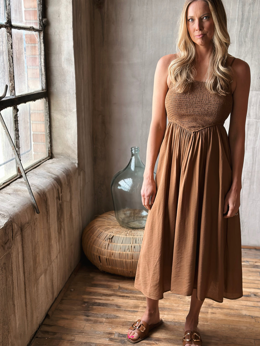 Smocked Basque Waist Spaghetti Strap Midi Dress Brown- Summer Boho Floral Beach Sundress