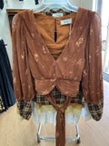 Rust Floral Long Sleeve Wrap Top with Tie Detail