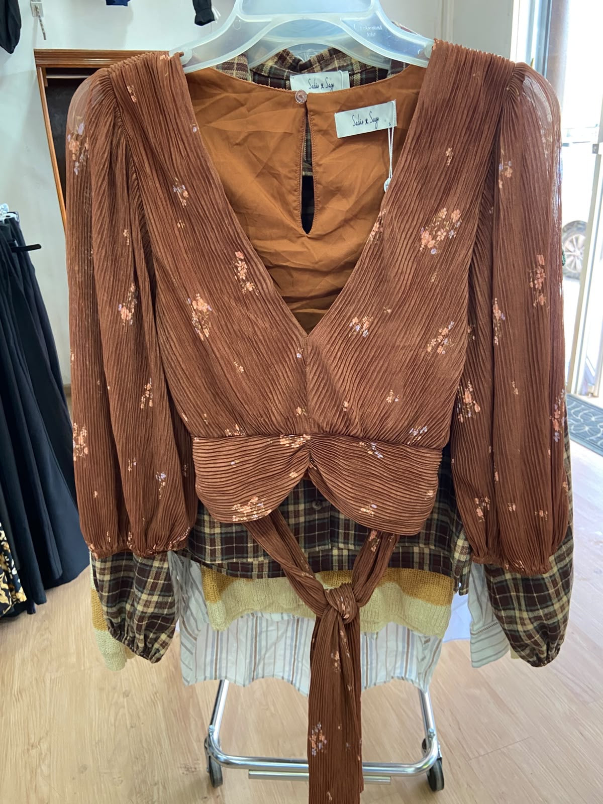 Rust Floral Long Sleeve Wrap Top with Tie Detail