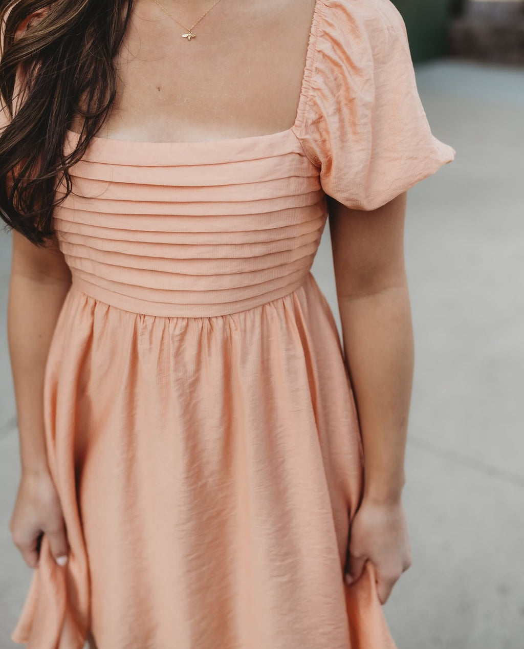Peach Puff Sleeve Square Neck Dress with Ruffles