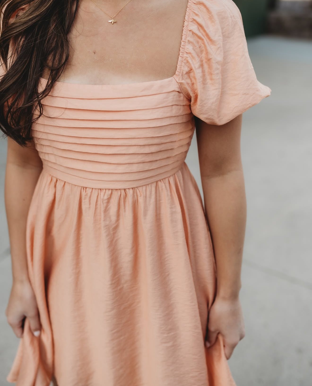 Peach Puff Sleeve Square Neck Dress with Ruffles