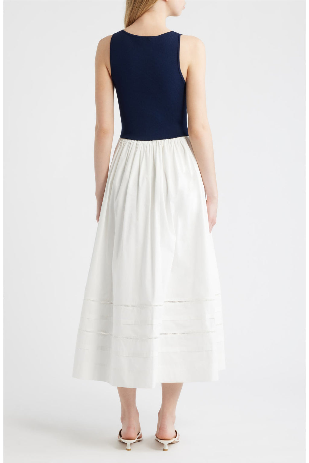 Navy Sleeveless A-Line Midi Dress with Pleated Skirt