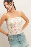 Women’s Cream Floral Eyelet Lace Cropped Tank Top – Smocked Back Summer Cami