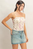 Women’s Cream Floral Eyelet Lace Cropped Tank Top – Smocked Back Summer Cami