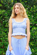 Women’s Baby Blue Ruched Square Neck Smocked Top – Pastel Tiered Ruffle Blouse