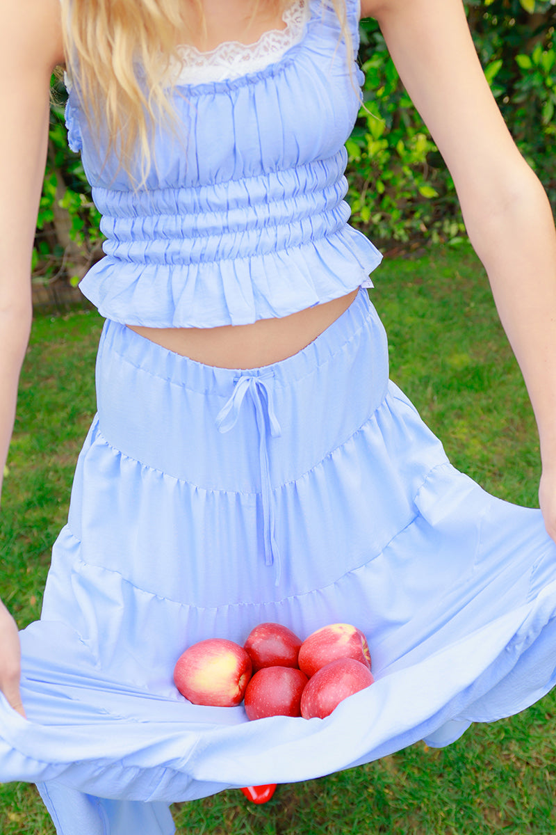Women’s Baby Blue Ruched Square Neck Smocked Top – Pastel Tiered Ruffle Blouse