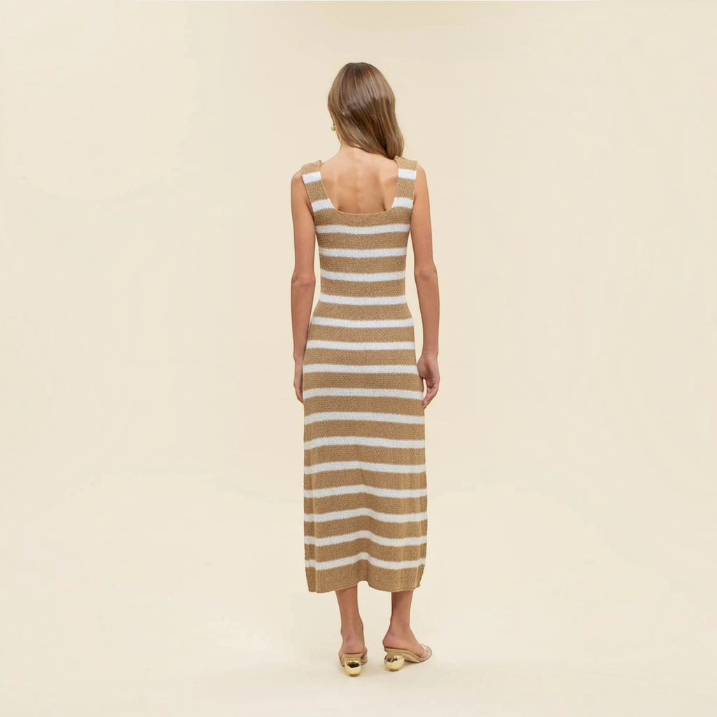 Beige Striped Knit Maxi Dress with Sleeveless Design