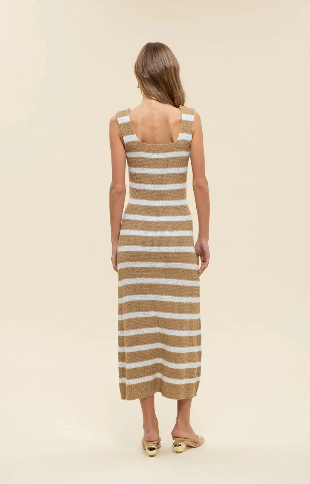 Beige Striped Knit Maxi Dress with Sleeveless Design