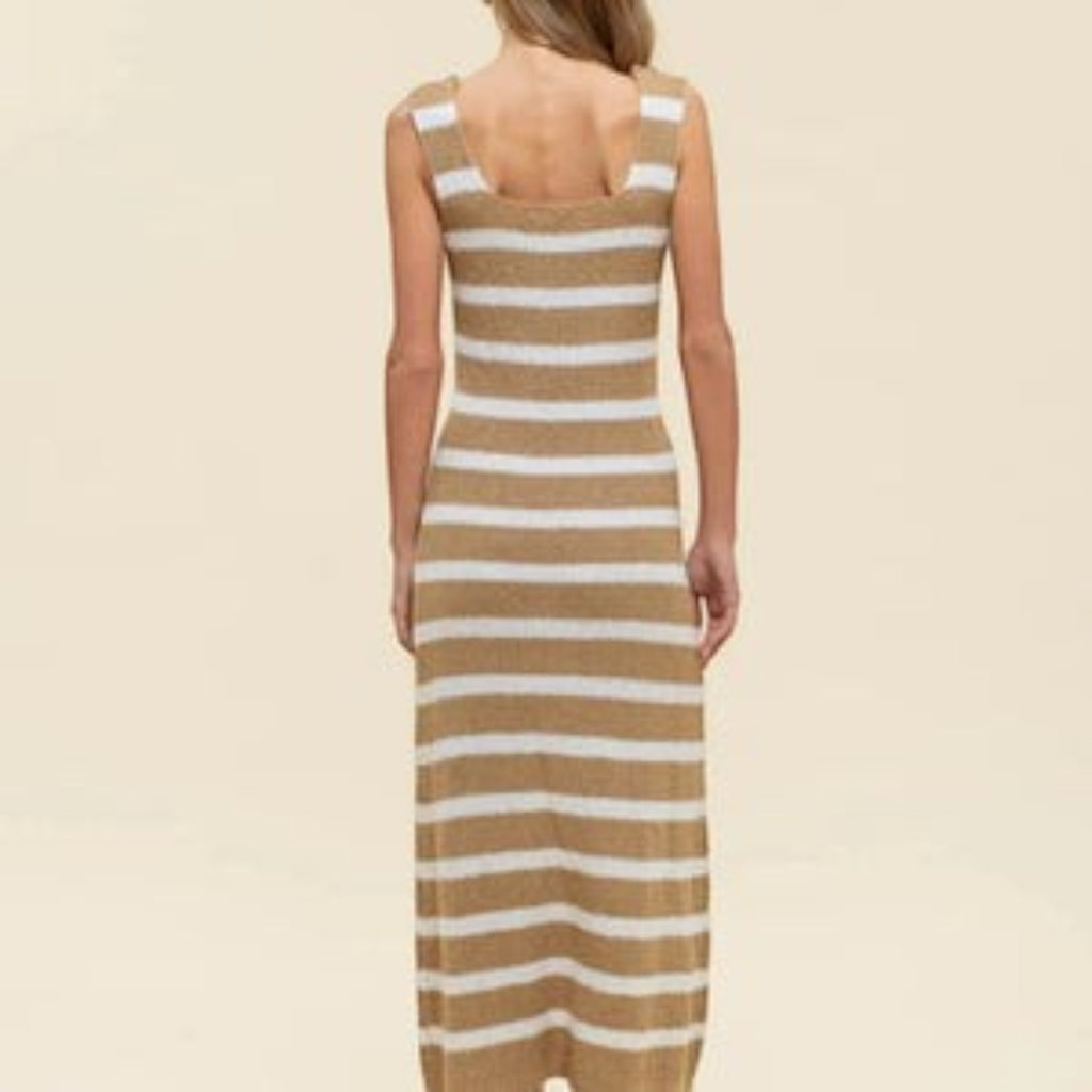 Beige Striped Knit Maxi Dress with Sleeveless Design
