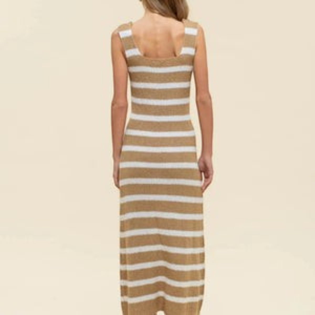 Beige Striped Knit Maxi Dress with Sleeveless Design