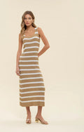Beige Striped Knit Maxi Dress with Sleeveless Design