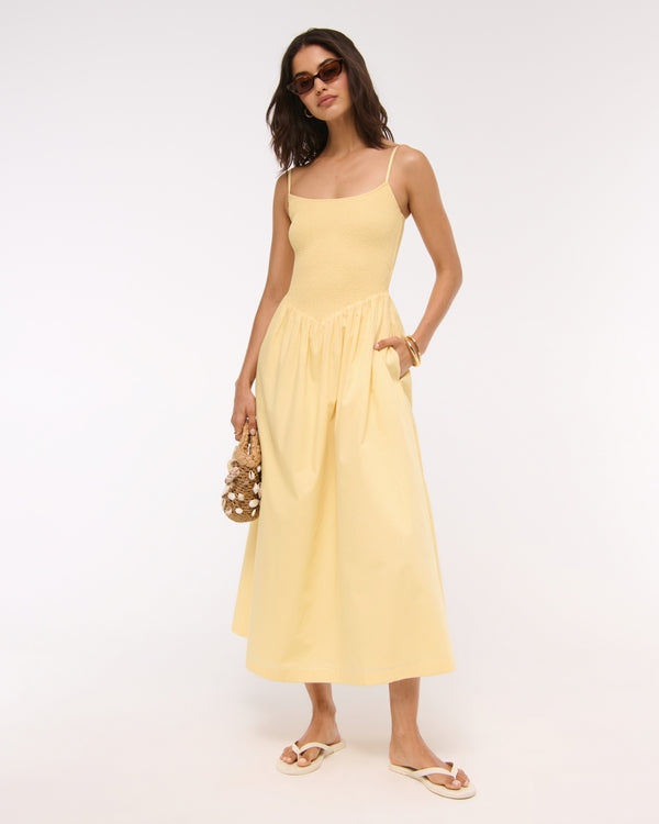 A&F Sydney Smocked Dipped-Waist Midi Dress - Summer Boho Floral Casual Fit & Flare Dress
