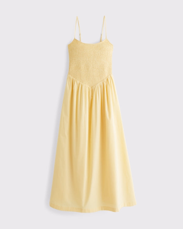 A&F Sydney Smocked Dipped-Waist Midi Dress - Summer Boho Floral Casual Fit & Flare Dress
