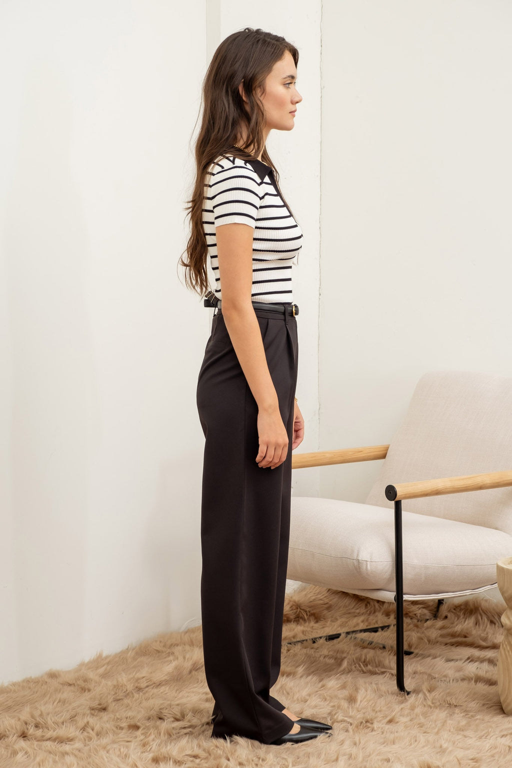 Women's Striped Collared Short Sleeve Knit Sweater Top