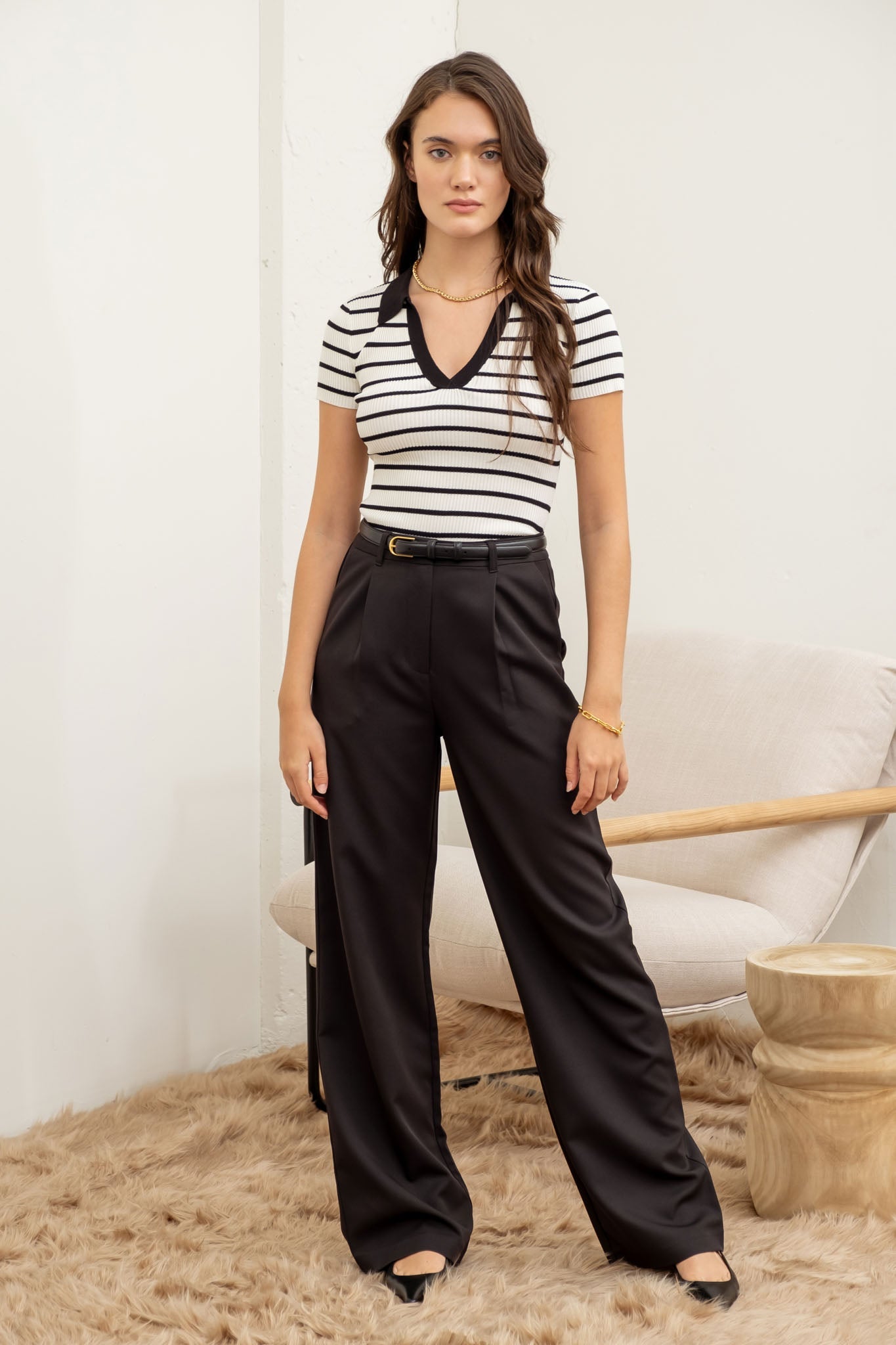 Women's Striped Collared Short Sleeve Knit Sweater Top