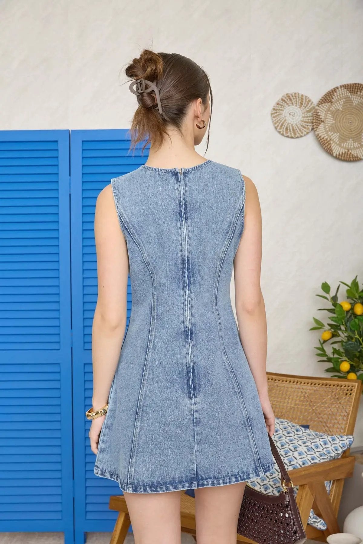 Y2K Coquette Denim Mini Dress - Sleeveless Round Neck Back Zip Slim Fit Summer Casual Streetwear