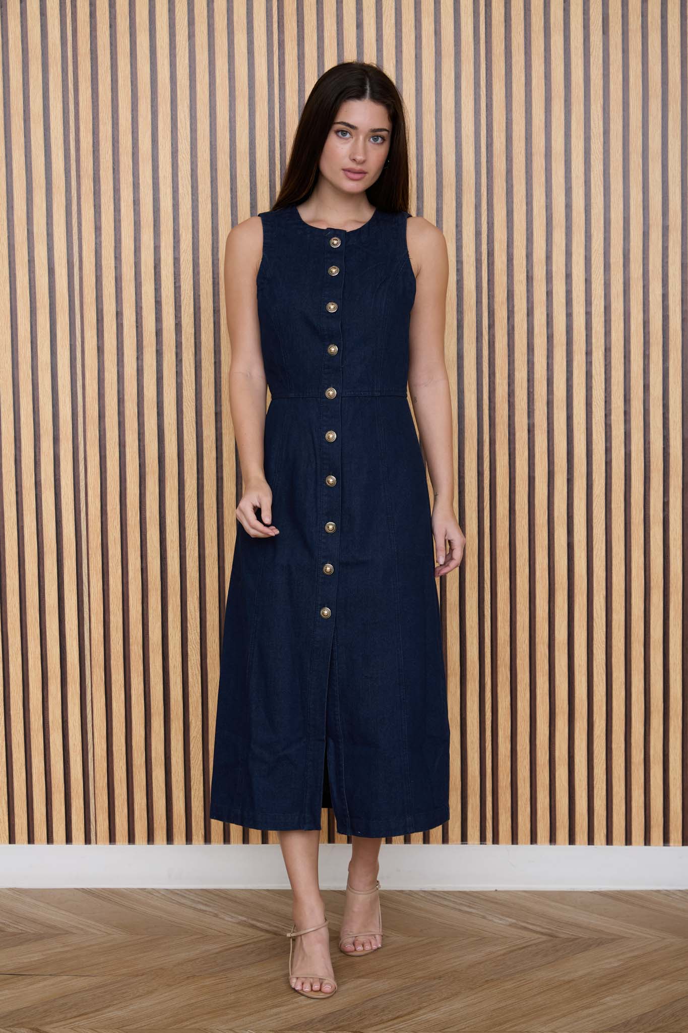 Women's Sleeveless Denim Midi Dress - Button Down Casual Summer Fit & Flare Jean Dress