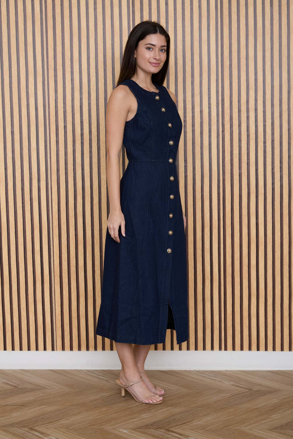 Women's Sleeveless Denim Midi Dress - Button Down Casual Summer Fit & Flare Jean Dress