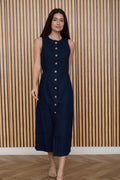 Women's Sleeveless Denim Midi Dress - Button Down Casual Summer Fit & Flare Jean Dress
