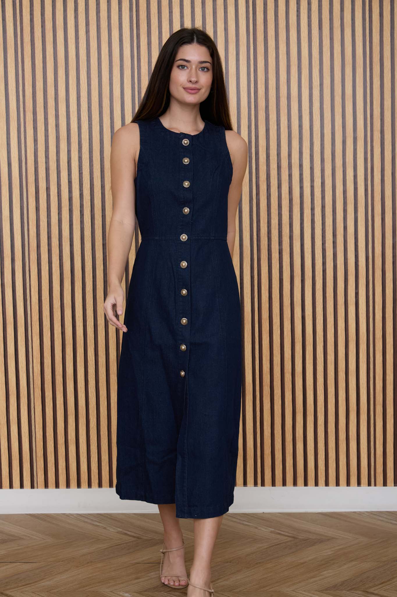 Women's Sleeveless Denim Midi Dress - Button Down Casual Summer Fit & Flare Jean Dress