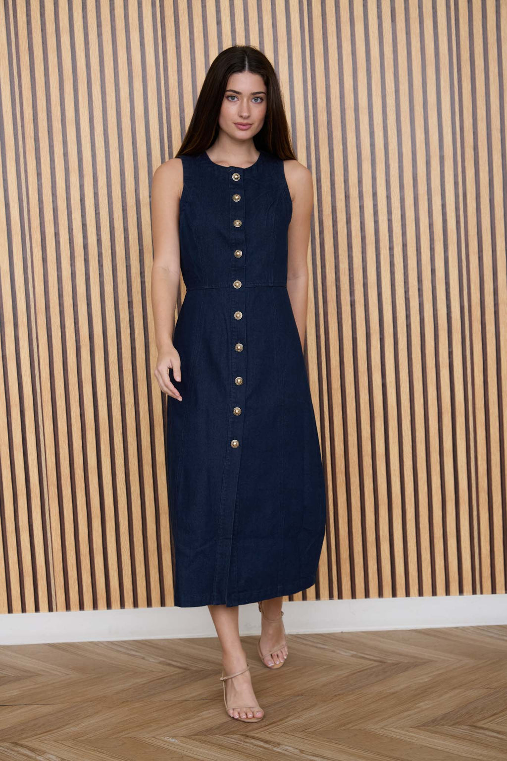 Women's Sleeveless Denim Midi Dress - Button Down Casual Summer Fit & Flare Jean Dress
