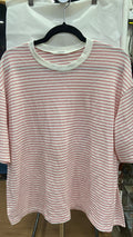 Pink Striped Short Sleeve Top with Ribbed Neckline
