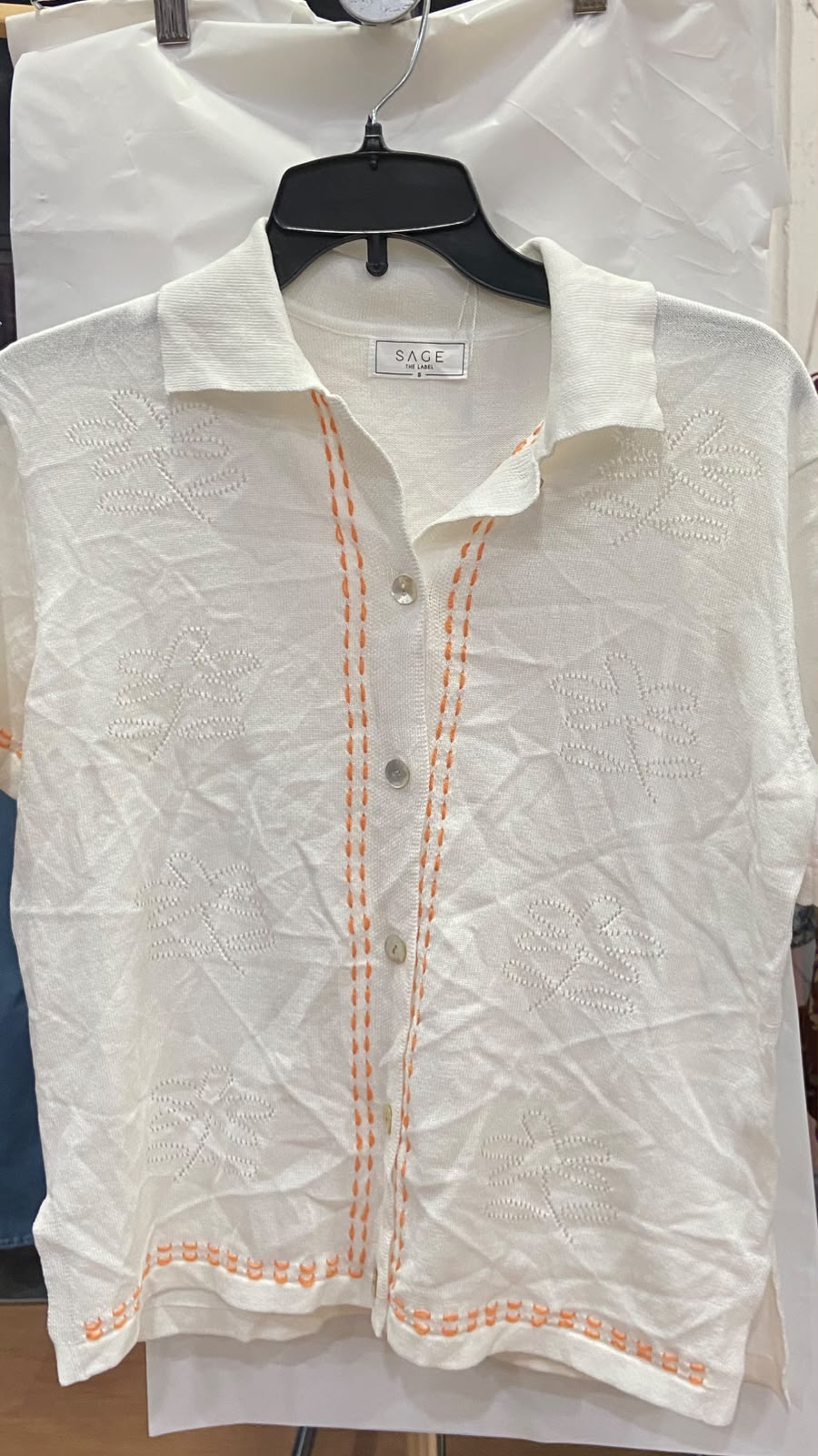 Cream Short Sleeve Button-Up Top with Embroidery