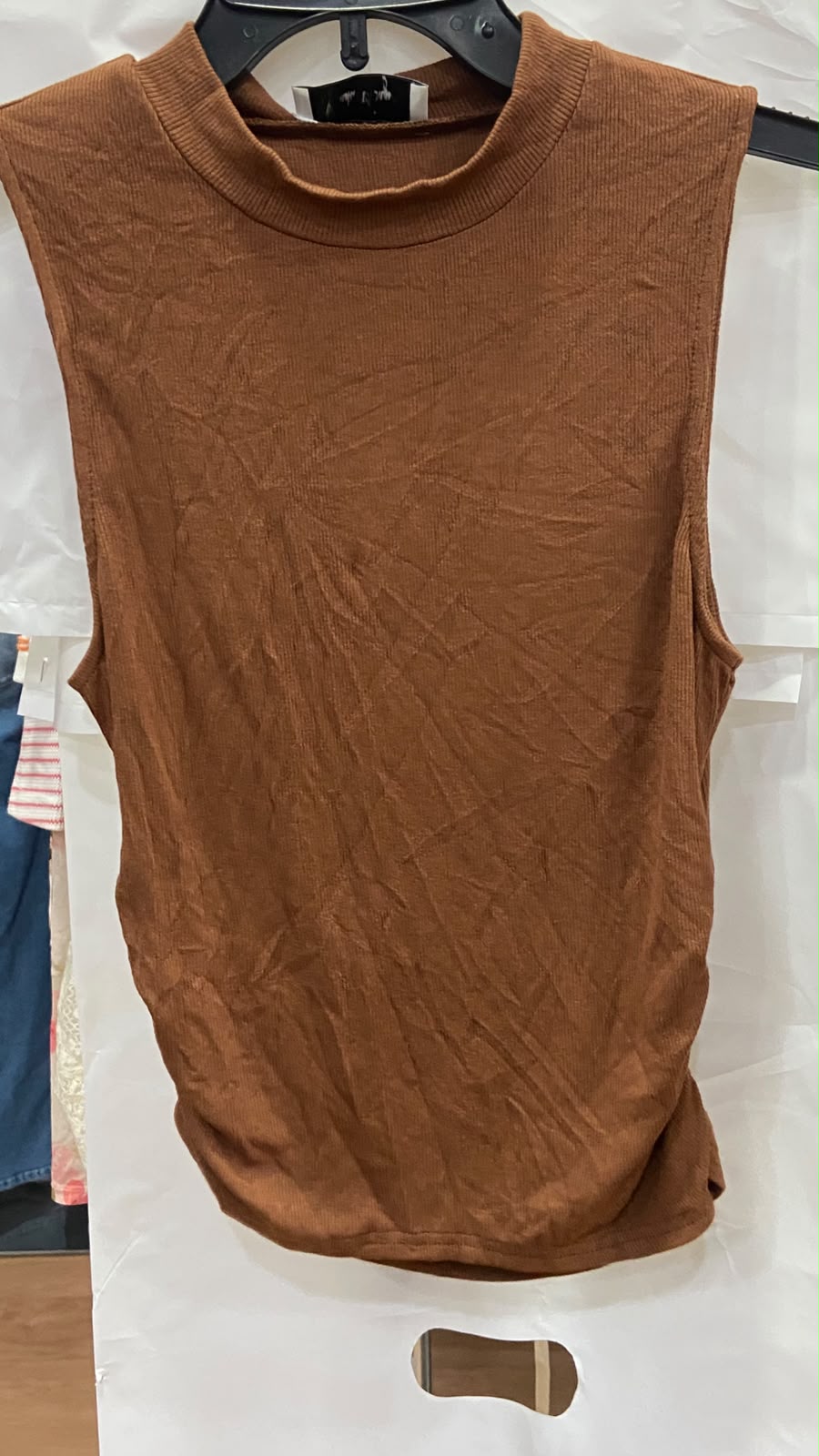 Brown Sleeveless Mock Neck Tank Top with Gathered Detail