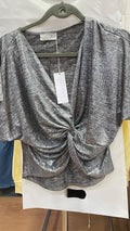 Gray Short Sleeve Twist Front Top