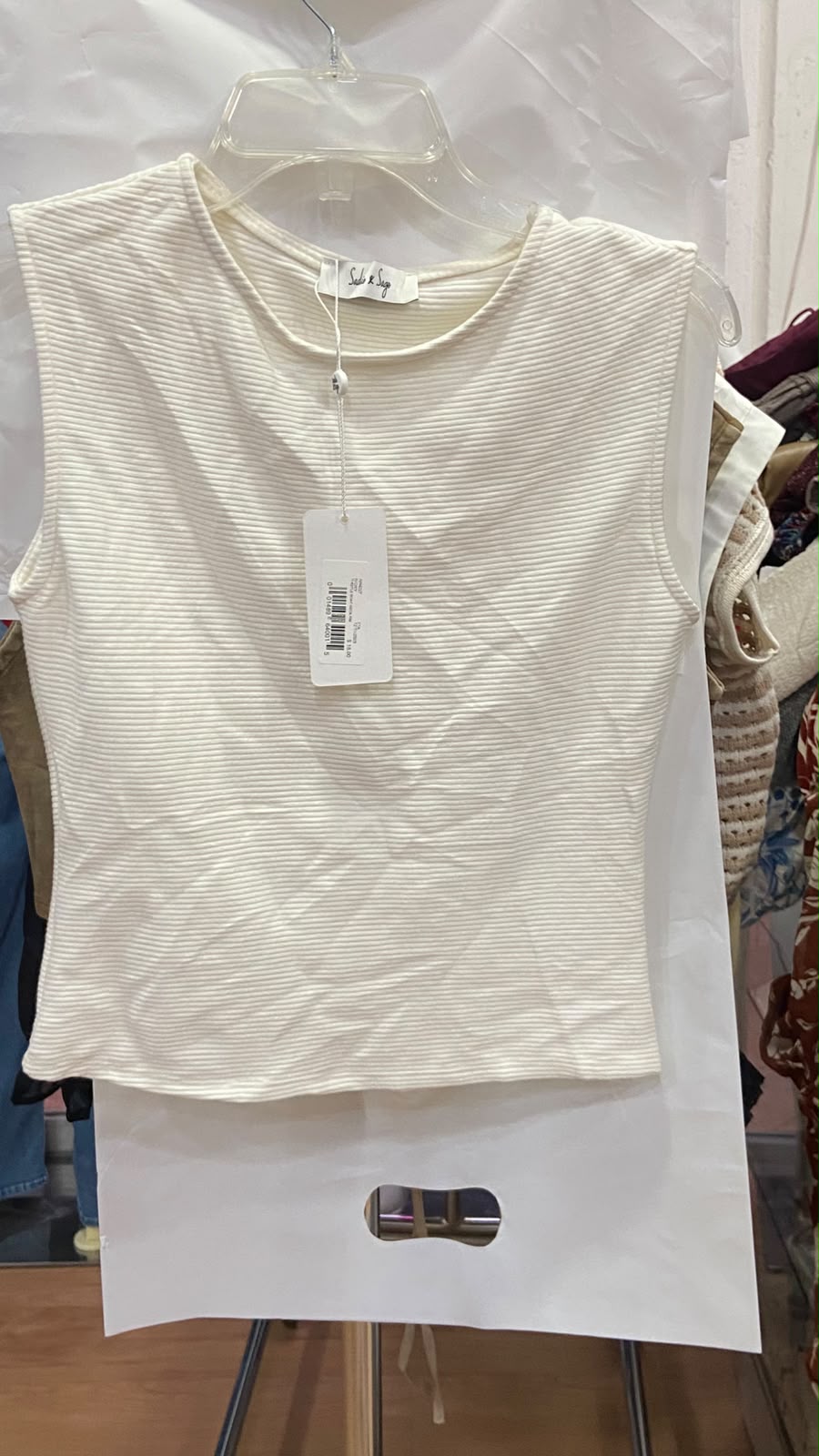 Cream Short Sleeve Ribbed Top with Round Neckline