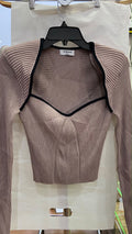 Beige Ribbed Long Sleeve Crop Top with V-Neck