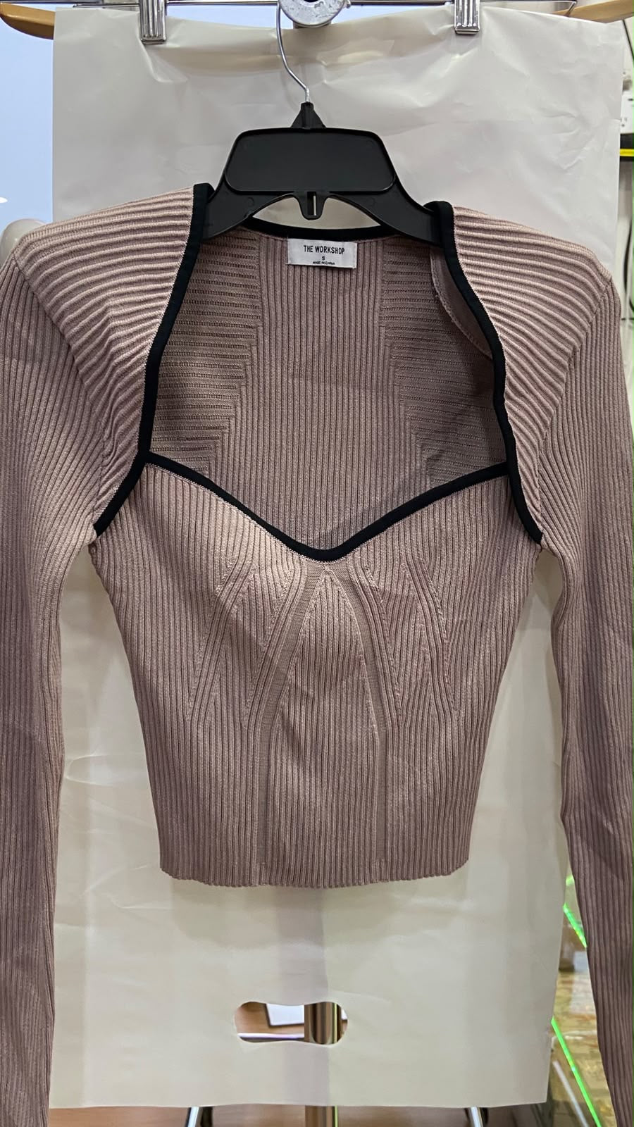 Beige Ribbed Long Sleeve Crop Top with V-Neck