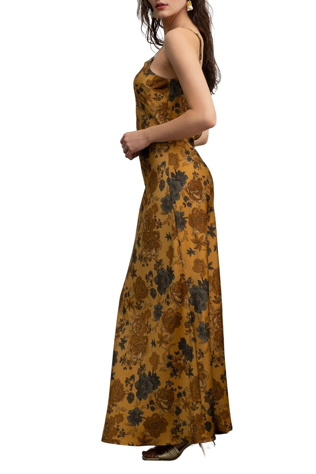 Mustard Floral Maxi Dress with Spaghetti Straps