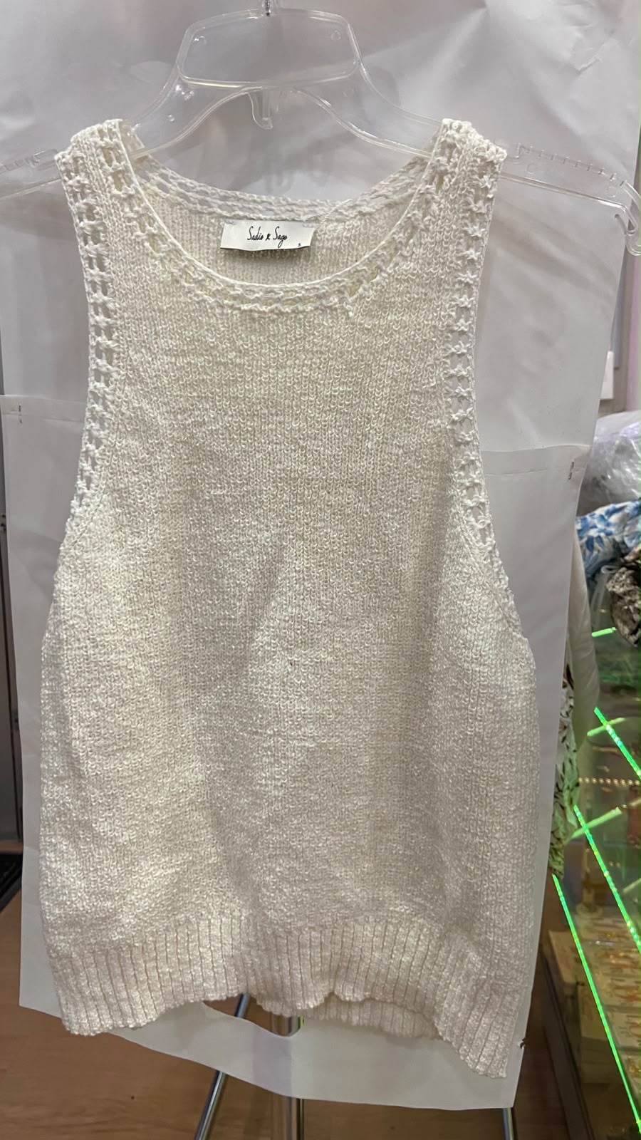 Cream Sleeveless Knit Top with Open Weave Detail