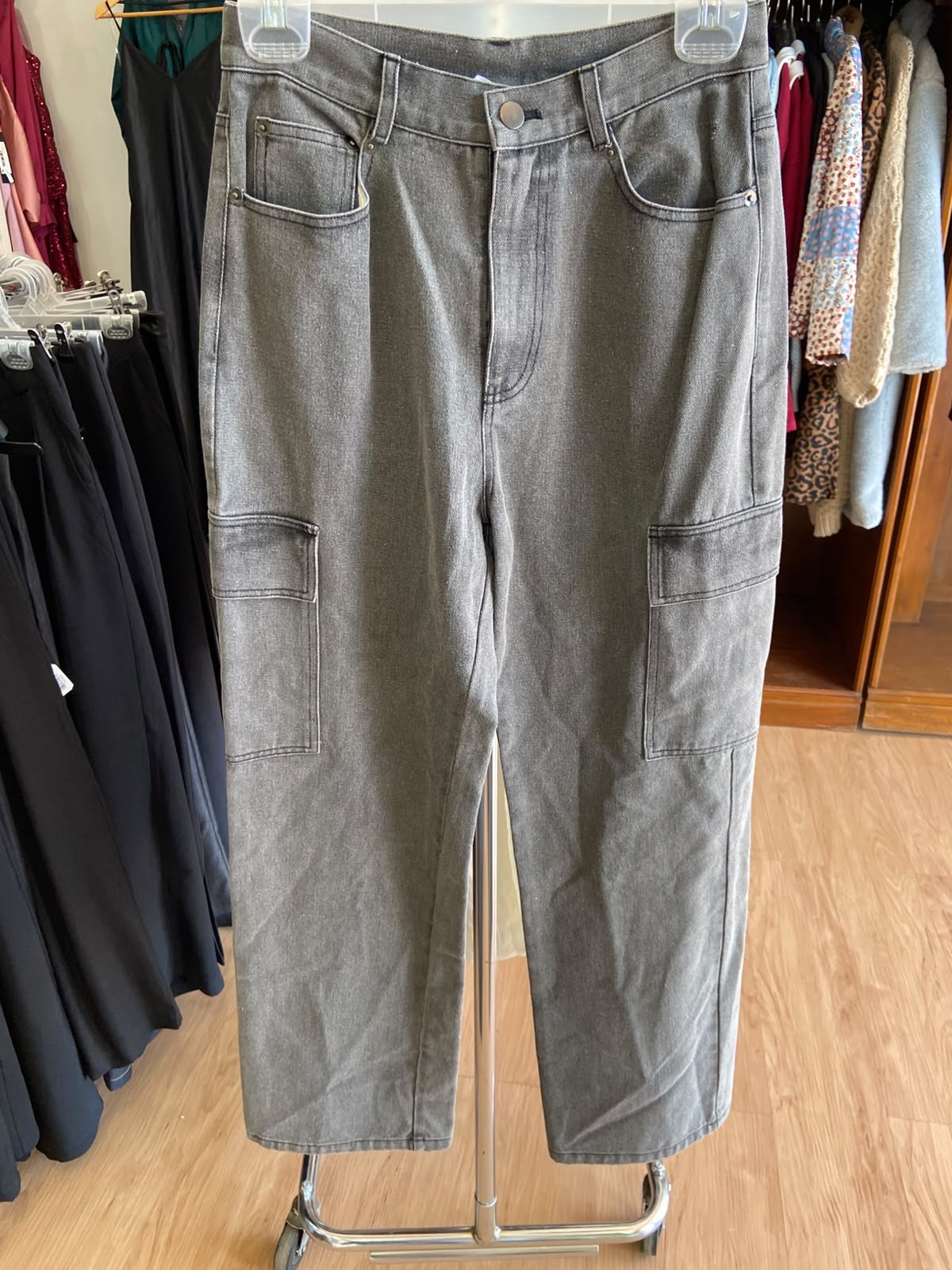 Gray Denim Cargo Pants with Side Pockets