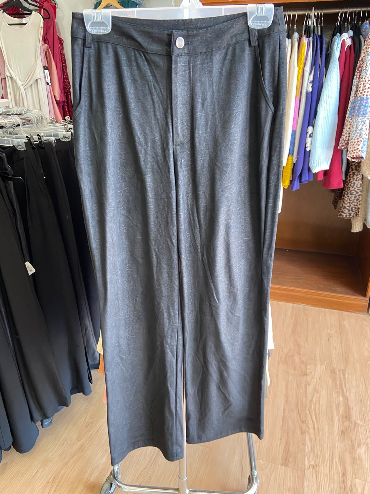 Black Straight Leg Trousers with Button Detail