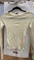 Cream Long Sleeve Ribbed Top with Frayed Hem