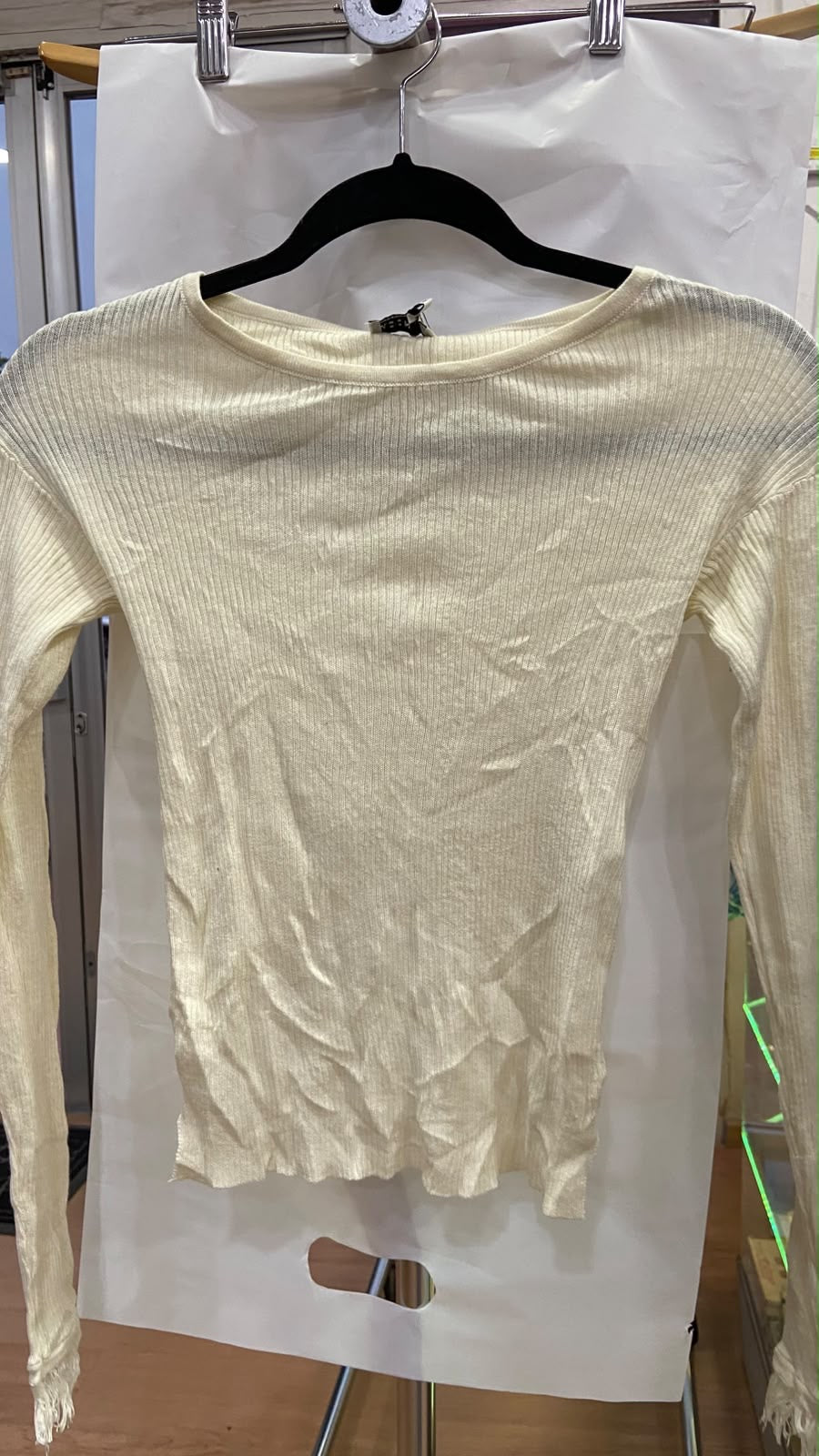 Cream Long Sleeve Ribbed Top with Frayed Hem